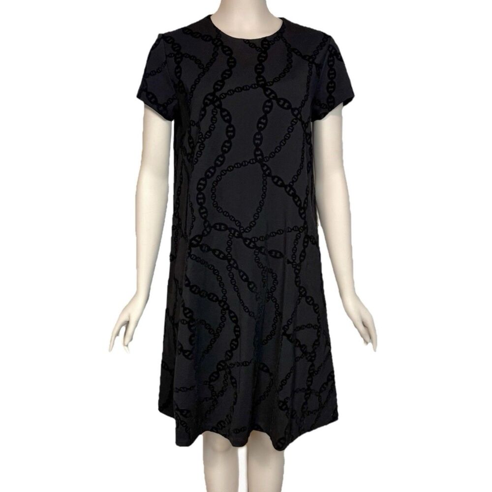 J.McLaughlin Women’s Chain Print Black Shift Dress Velvet Accents Size M
